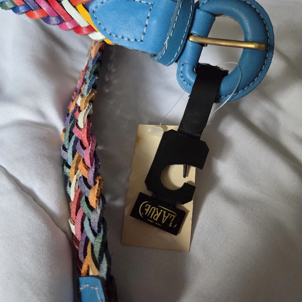 New Old Stock! Colorful Vintage 80s Leather Braided Belt with Blue Buckle